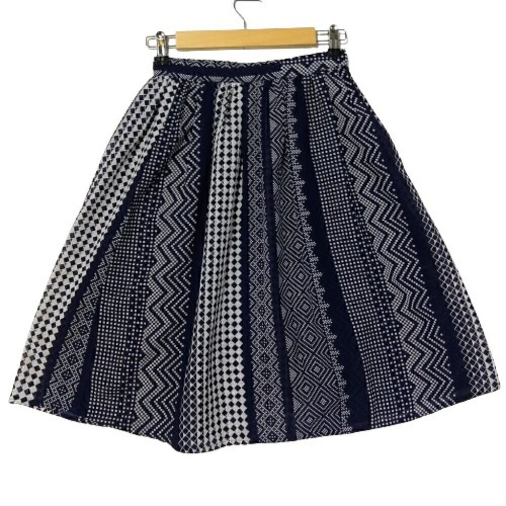 Vintage 70s Full Skirt Size S Blue White Mixed Print Women's Gauzey Women's